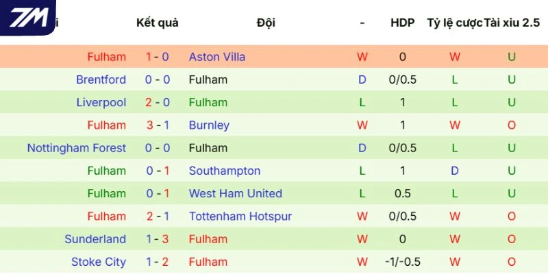 Hiệu suất Fulham thi đấu