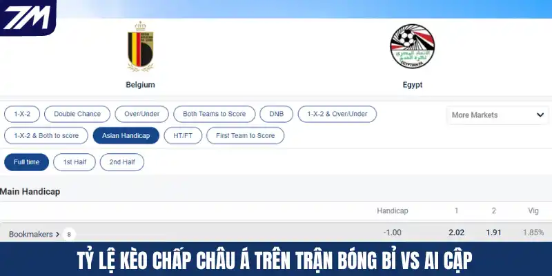 Tỷ lệ kèo chấp Châu Á trên trận bóng Bỉ vs Ai Cập